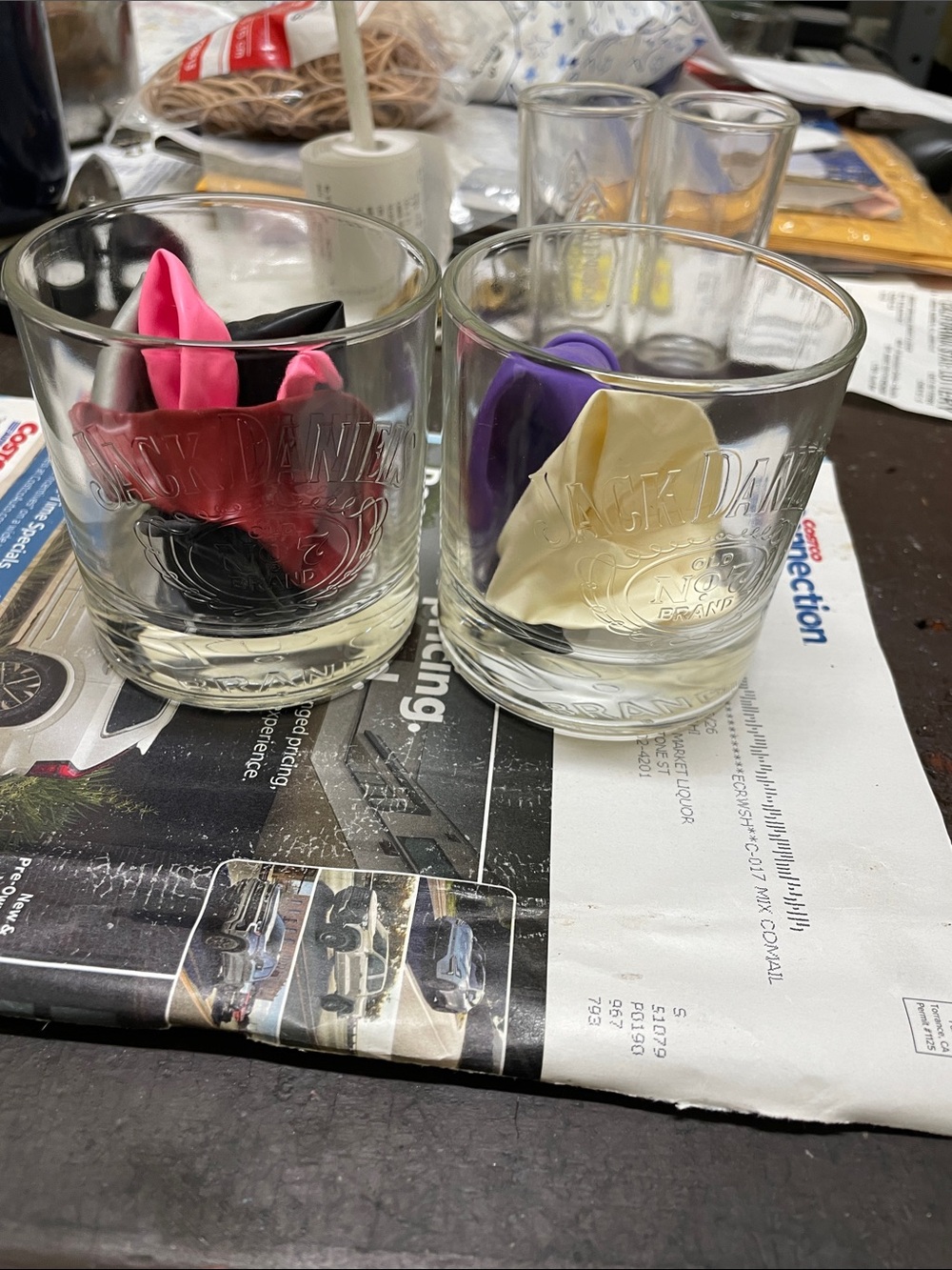 Jack Daniels Glasses with Pink Black Purple and Cream Balloon Inserts